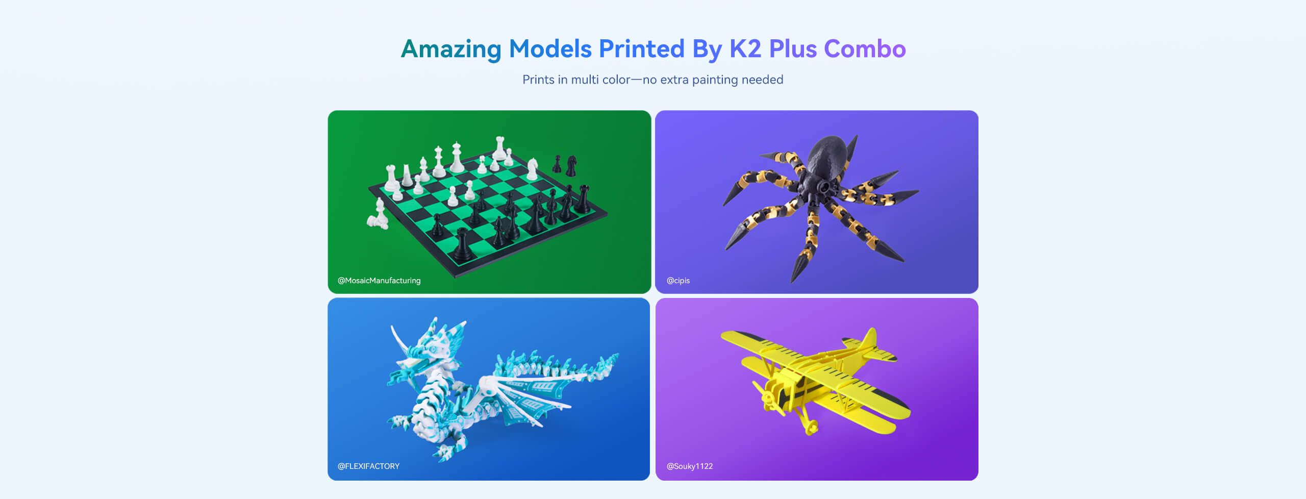 Creality K2 Plus Combo example of multi colored models