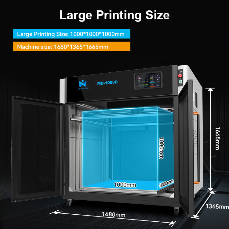 Mindga 1000D 3D printer is capable of printing up to 1000 x 1000 x 1000 mm